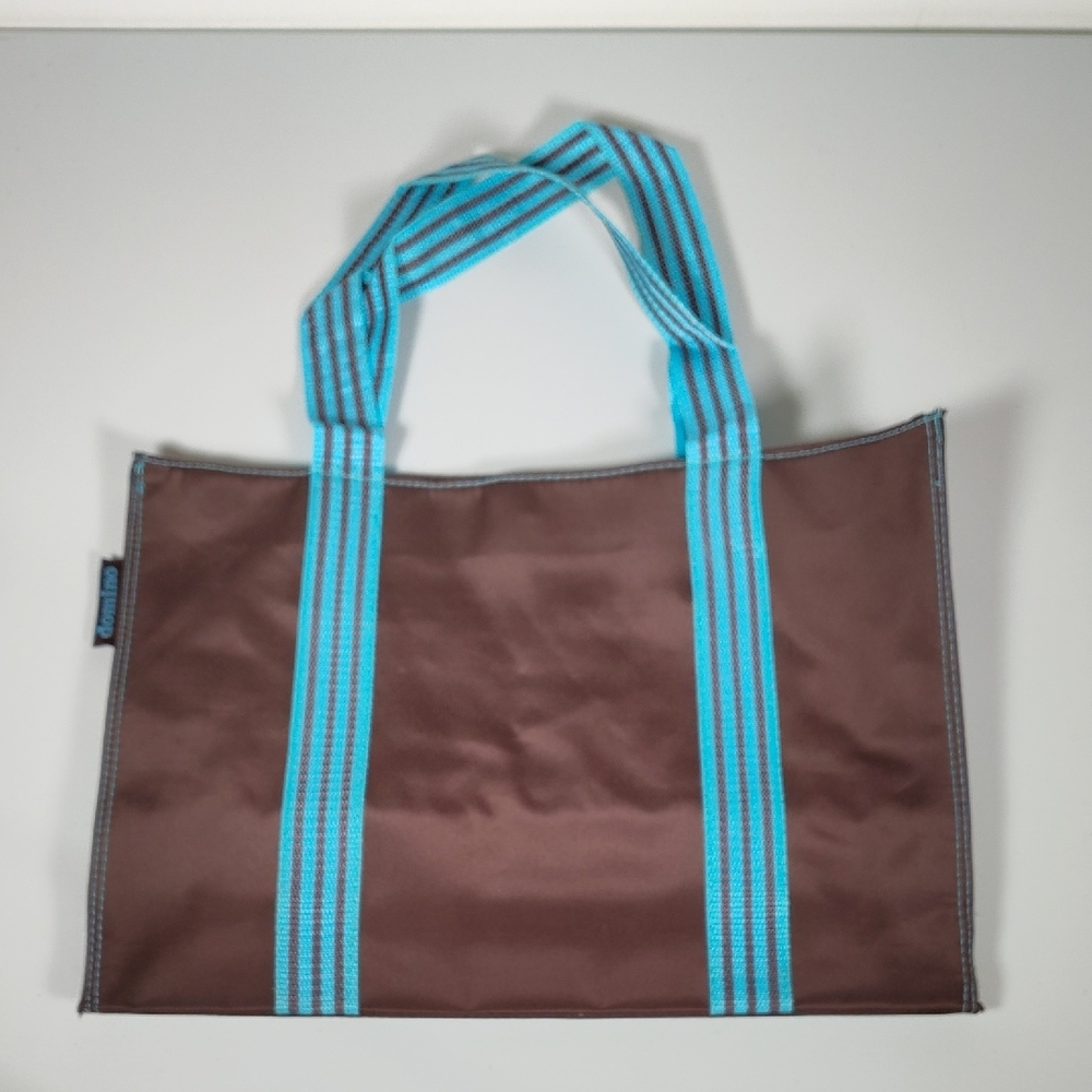 Domino brown and blue stripe reusable tote bag